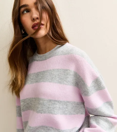 Women's Light Grey Striped Midweight Jumper