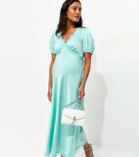 Women's Maternity Light Blue Lace Trimmed Satin Midi Tea Dress