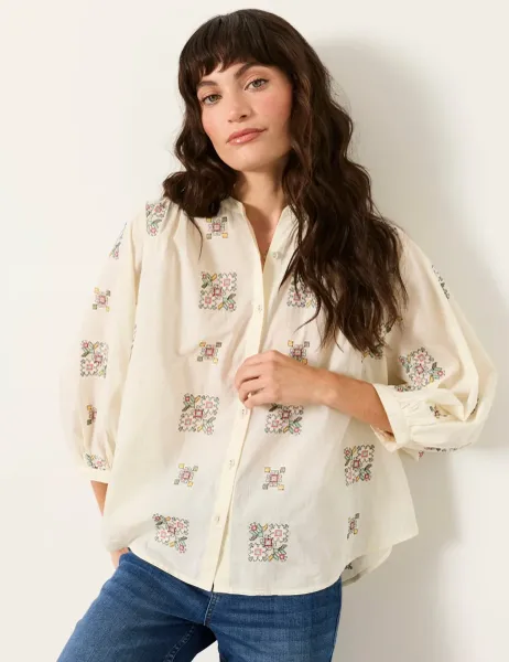 FatFace Pure Cotton Embroidery Blouse Ivory Mix