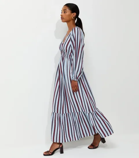 Women's Blue Striped Long Sleeve Smock Midi Dress