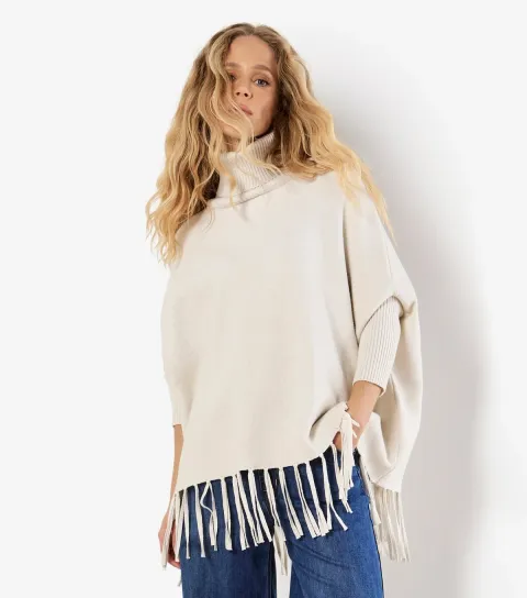 Cream Roll Neck Fringe Poncho