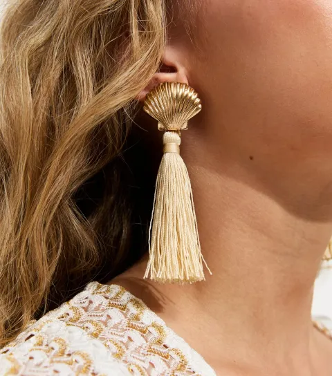 Gold Shell Thread Tassle Drop Earrings