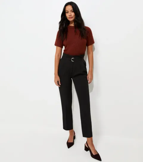 Women's Black Belted Paperbag Waist Trousers