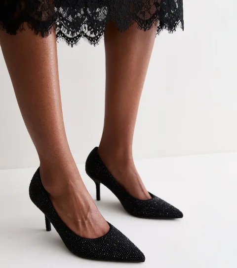 New Look Women's Black Embellished Pointed Toe Court Shoes Vegan