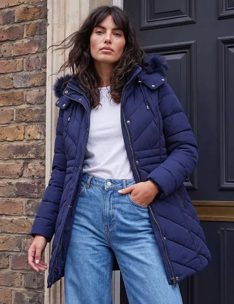 Roman Padded Faux Fur Trim Hooded Coat Dark Navy