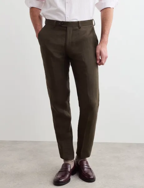Jaeger Tailored Fit Pure Linen Trousers Evergreen