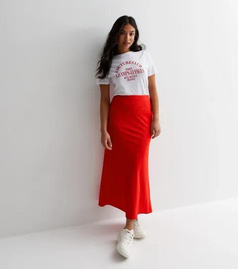 Women's Petite Red Jacquard Satin Bias Cut Maxi Skirt