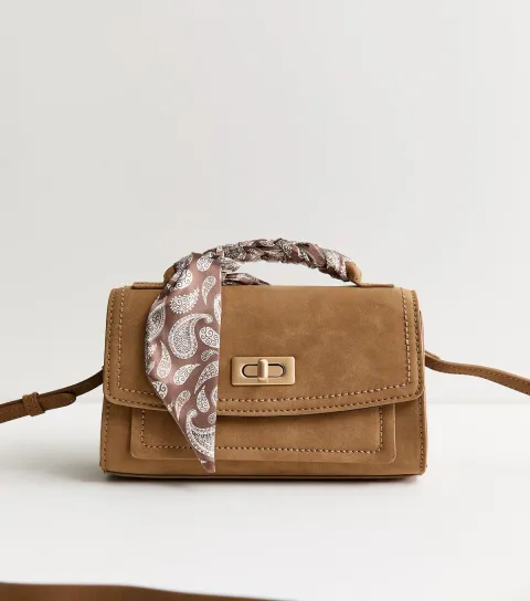 Camel Faux Suede Scarf Top Handle Bag