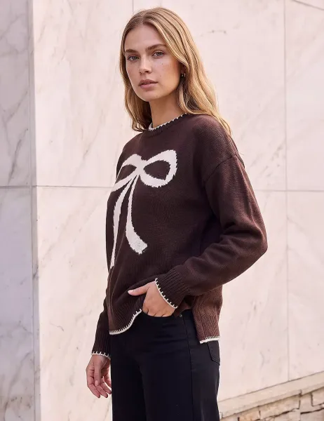Roman Contrast Stitch Bow Knit Jumper Chocolate