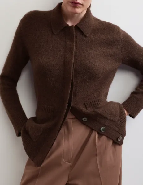Jaeger Collared Cardigan with Wool and Mohair Chocolate