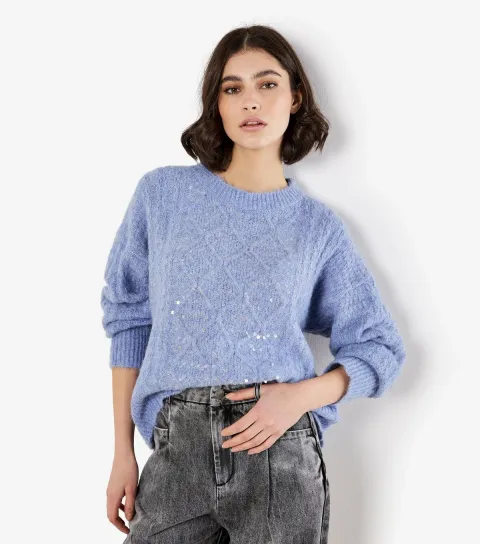 Women's Pale Blue Cable Knit Sequin Panel Jumper