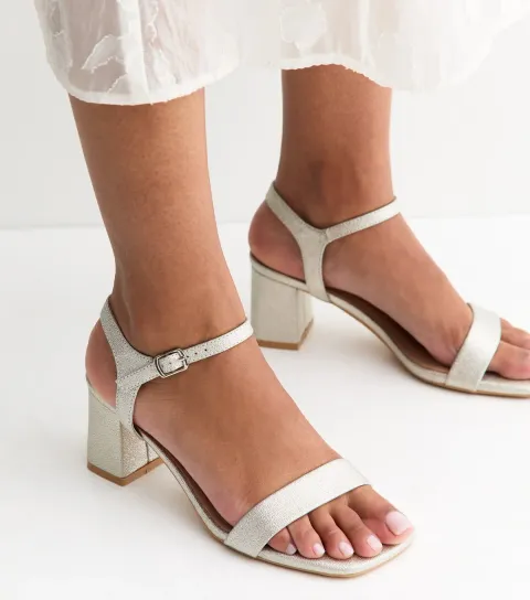 Women's Silver Shimmer Faux Leather Block Heel Sandals