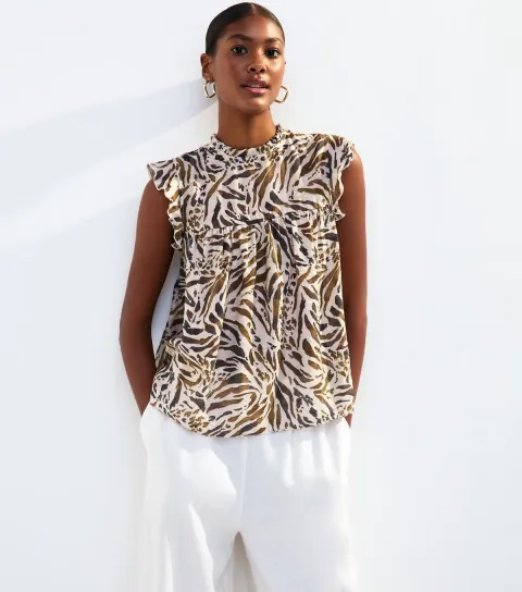 Women's Brown Zebra Print Ruffle Trim Top