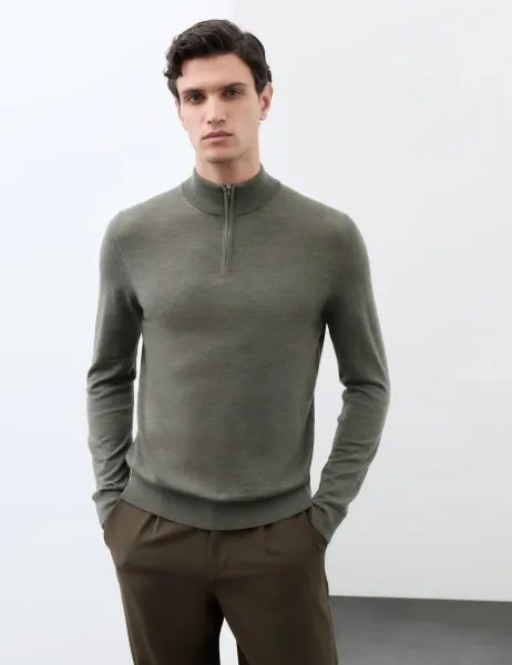 Autograph Pure Extra Fine Merino Wool Half Zip Jumper Khaki/Olive