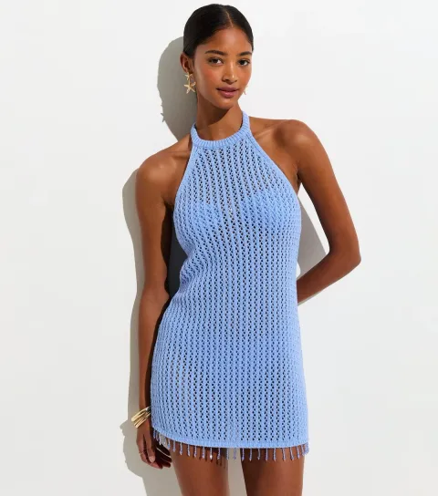 Women's Light Blue Cotton Rich Beaded Tassel Trim Mini Crochet Beach Dress