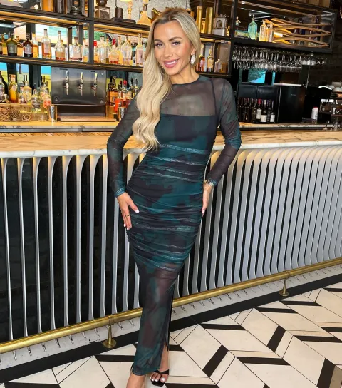 Women's Teal Ruched Mesh Midi Dress