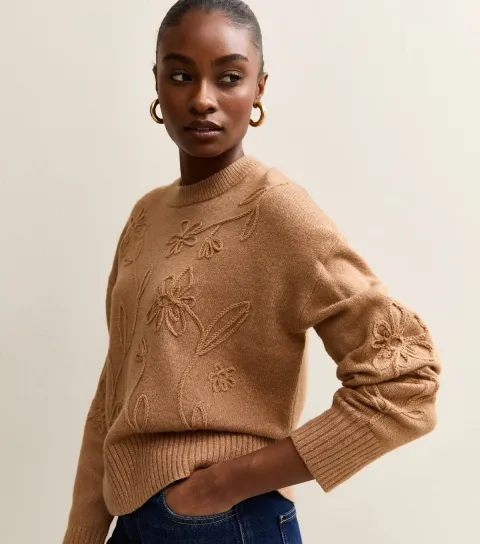 Women's Camel Floral Embroidered Jumper