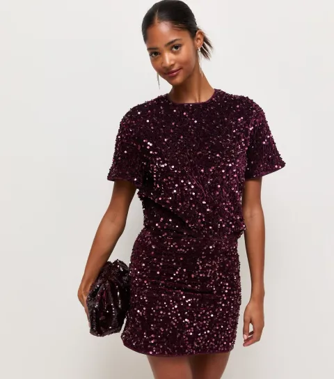 New Look Women's Dark Burgundy Sequin Velvet Mini Skirt
