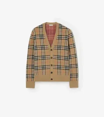 Check Cotton Wool Cardigan in Sand beige