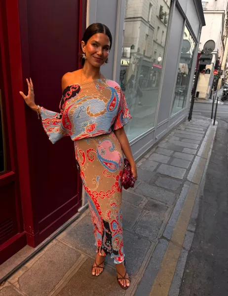 Never Fully Dressed Paisley Slash Neck Midaxi Waisted Dress Multi