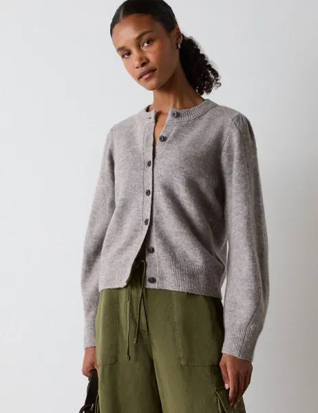 Whistles Wool Blend Puff Sleeve Mini Cardigan Neutral