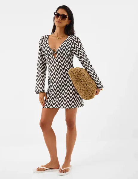 Accessorize Striped V-Neck Mini Kaftan Beach Dress