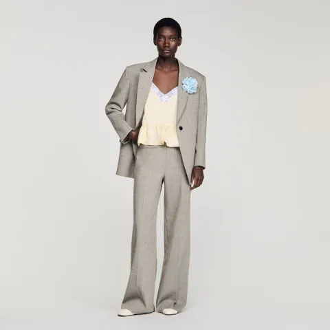 Wide-leg check wool trousers