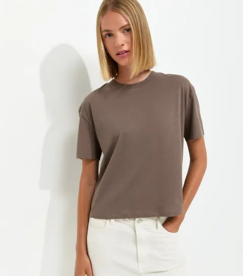 Women's Light Brown Cotton Boxy Fit T-Shirt
