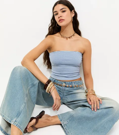 Women's Blue Cotton Rich Striped Bandeau Top