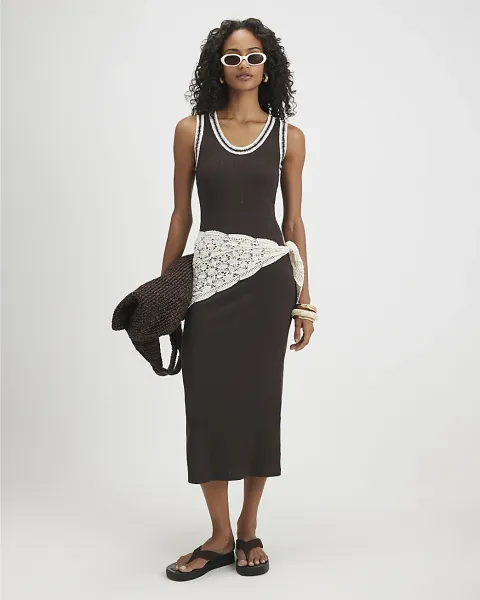 River Island Cotton Blend Whipstitch Trim Midi Dress