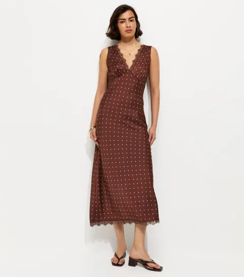 Women's Brown Polka Dot Satin Lace Trim Midi Dress