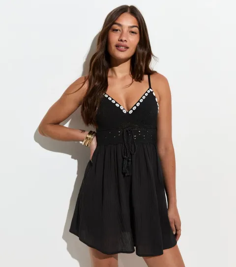 Women's Black Cotton Crochet Bodice Beach Mini Dress