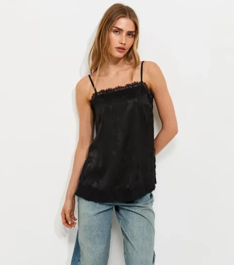 Women's Black Floral Jacquard Lace Trim Longline Cami Top