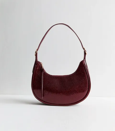 New Look Dark Burgundy Faux Leather Scoop Snakeskin Effect Shoulder Bag Vegan