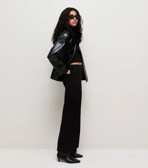 New Look Women's Black Stretch Denim Jersey Pull On Wide Leg Trousers