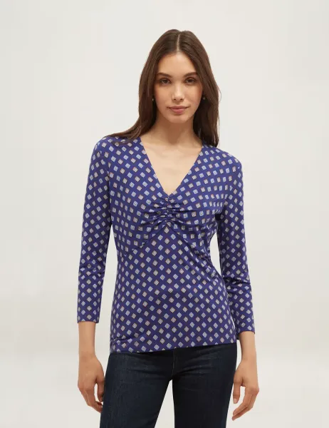 Hobbs Printed Ruched V-Neck Top Blue Mix