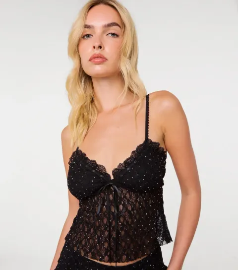 Pink Vanilla Women's Black Semi Sheer Diamanté Lace Cami Top