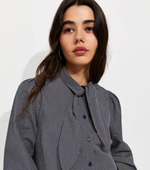 Women's Black Check Neck Tie Long Sleeve Shirt
