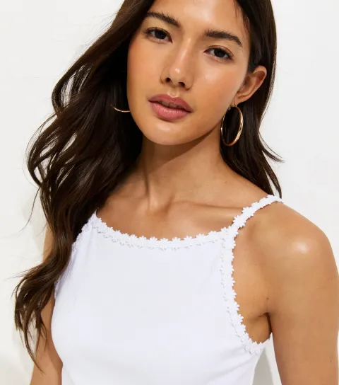 Women's White Cotton Rich Ribbed Daisy Trim Cami Top