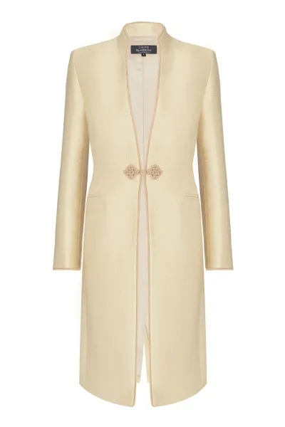Gold Dress Coat in Summer Brocade with Cord Trim and Frogging - Vicky