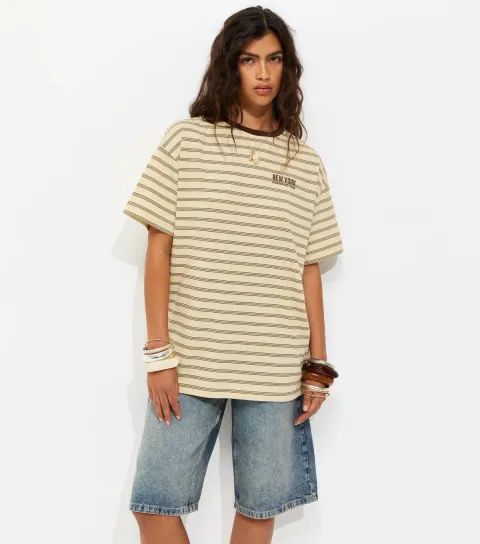 Women's Yellow Cotton Striped New York Oversized T-Shirt