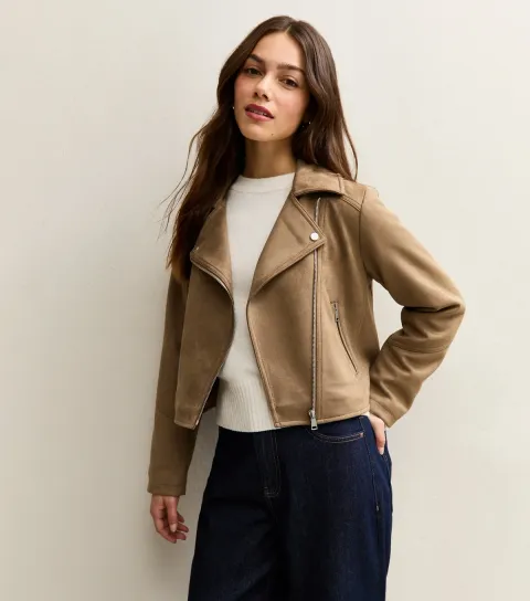 Women's Petite Tan Faux Suede Biker Jacket