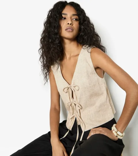 Women's Stone Linen Rich Tie Front Waistcoat