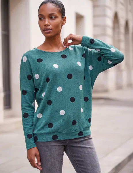 Roman Spot Print Crew Neck Top Green