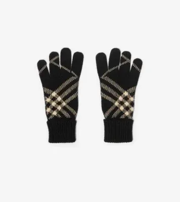 Check Cashmere Blend Gloves in Black/calico beige