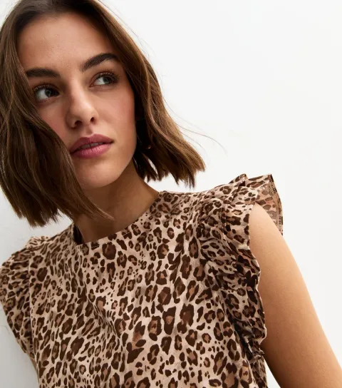 Women's Brown Leopard Print Frill Trim Top