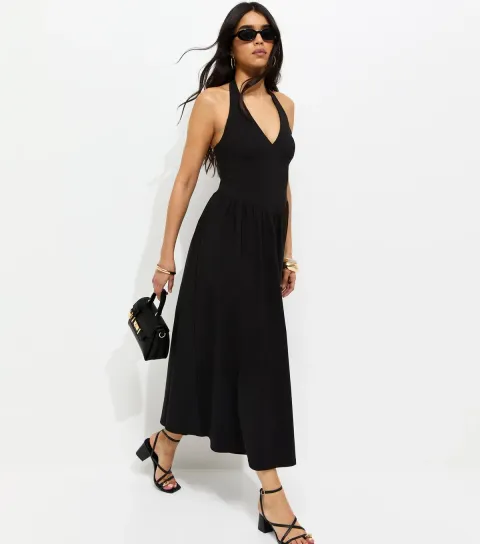 Women's Black Halterneck Midi Dress