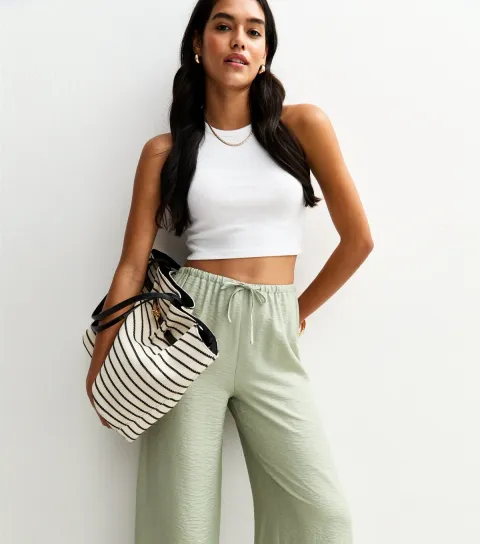 New Look Women's Light Green Crinkle Texture Wide Leg Trousers