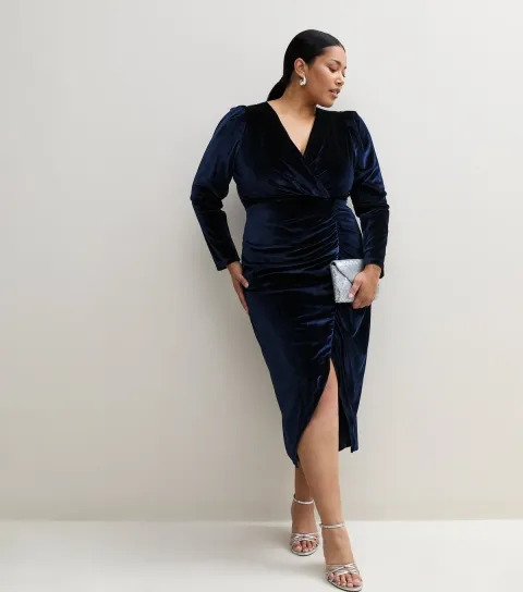 New Look Women's Plus Size Navy Puff Sleeve Velvet Wrap Midi Dress Curves