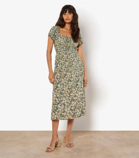 Women's Light Khaki Floral Milkmaid Midi Dress